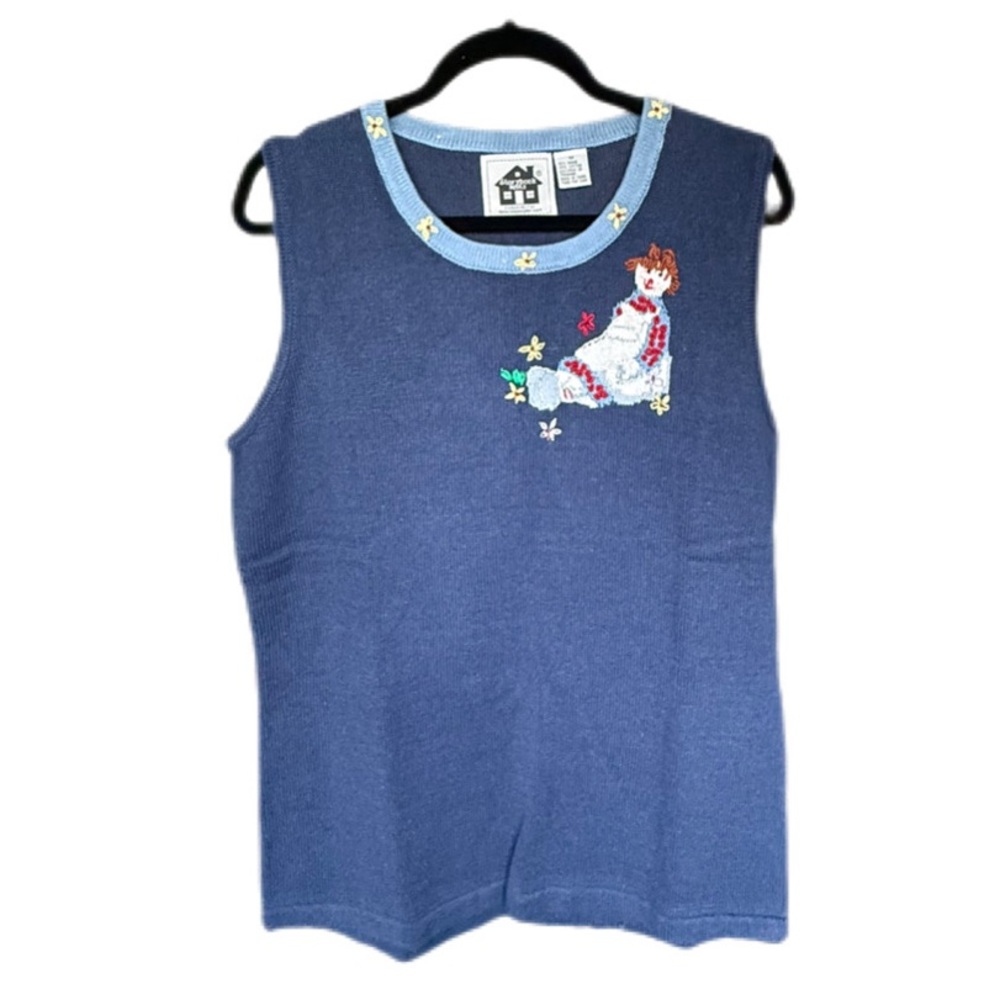 Our House Vintage Y2K Embroidered Knit Vest Tank Top-Cottagecore Rag Doll Graph